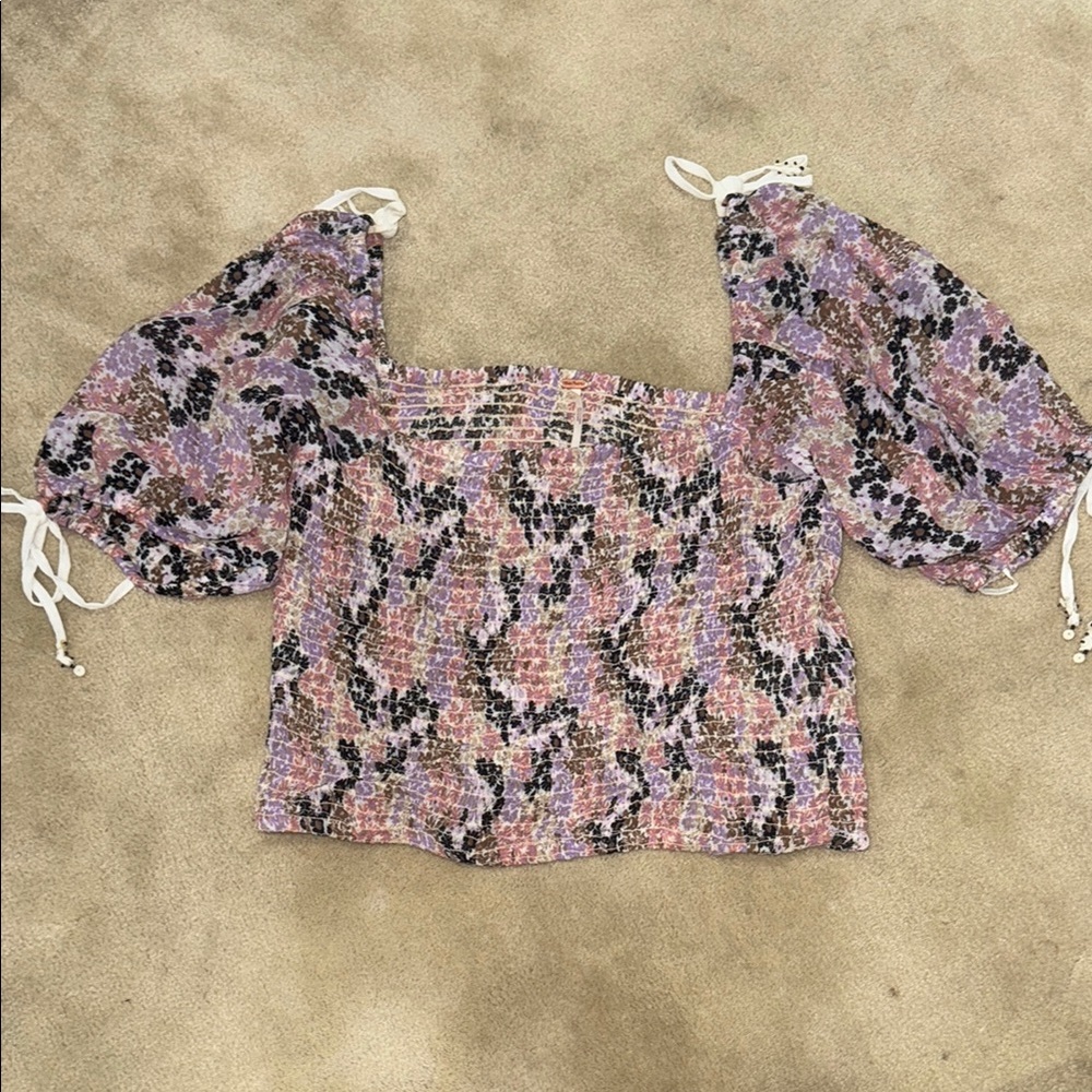 Free People Floral Smocked Puff Sleeve off the shoulder Top